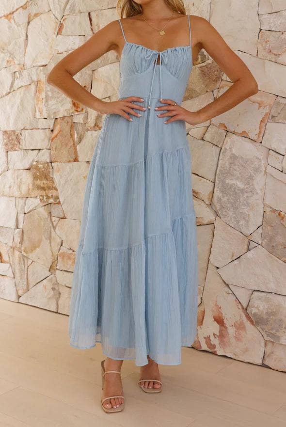 Sky-Blue Spaghetti-Strap Tiered Maxi Dress