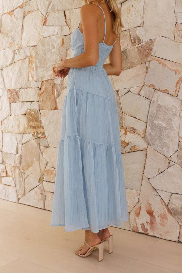 Sky-Blue Spaghetti-Strap Tiered Maxi Dress