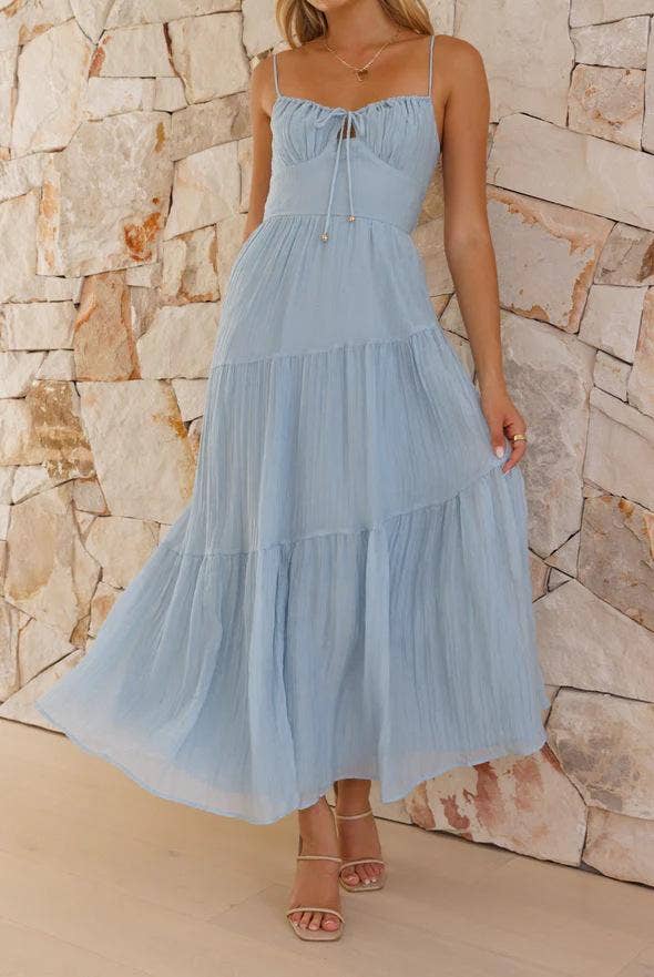 Sky-Blue Spaghetti-Strap Tiered Maxi Dress