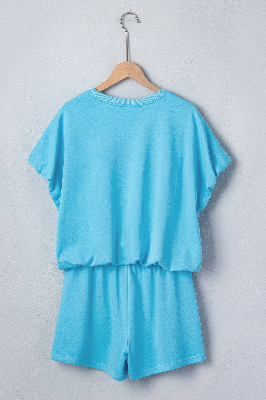 Light Blue Solid Color Puffy Loose Top Drawstring Shorts 2pcs Outfit