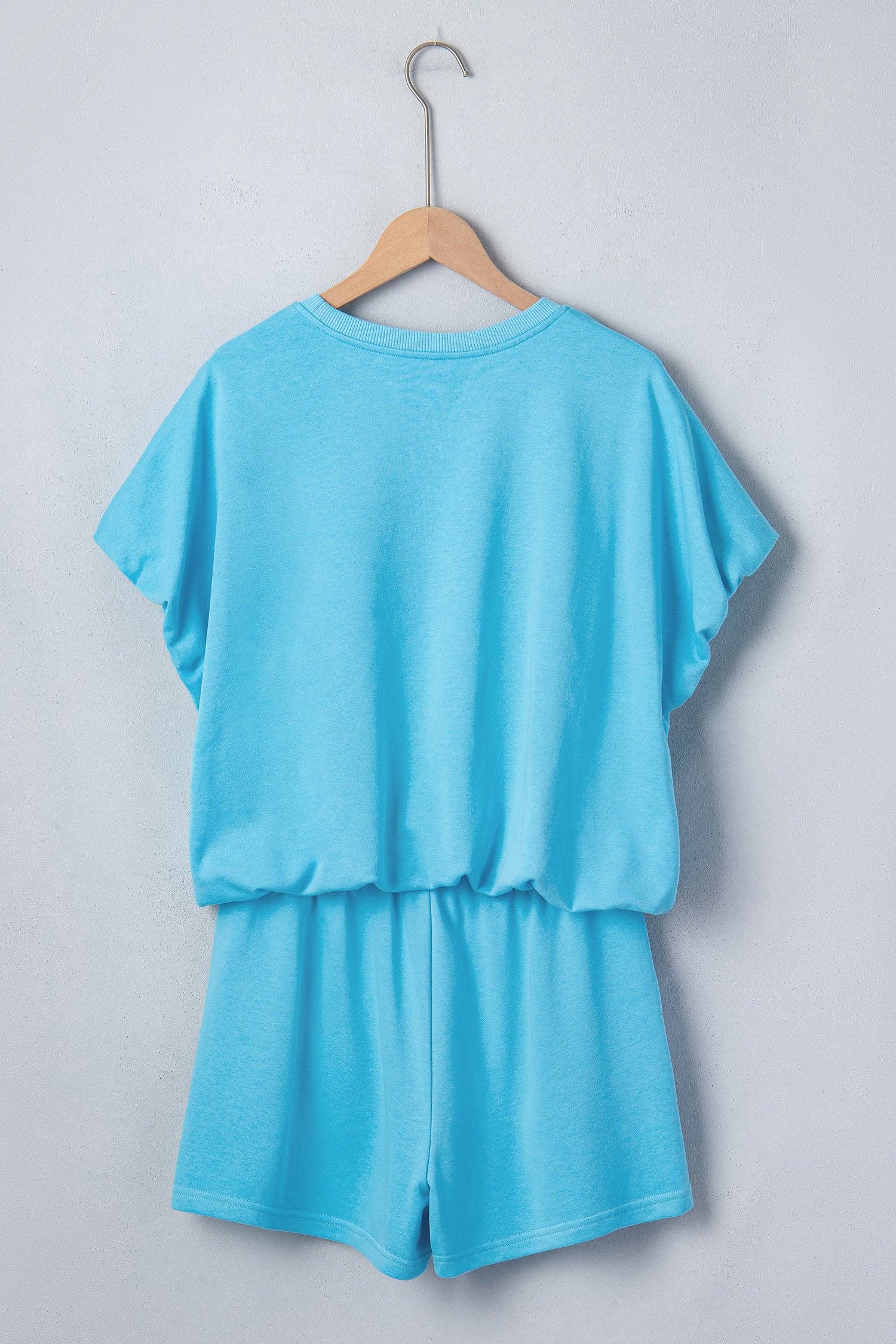 Light Blue Solid Color Puffy Loose Top Drawstring Shorts 2pcs Outfit