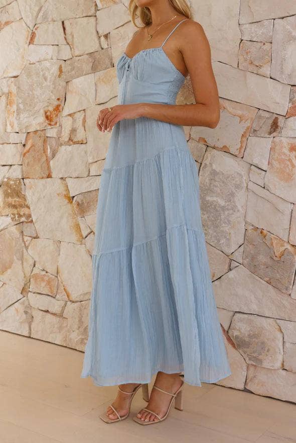 Sky-Blue Spaghetti-Strap Tiered Maxi Dress