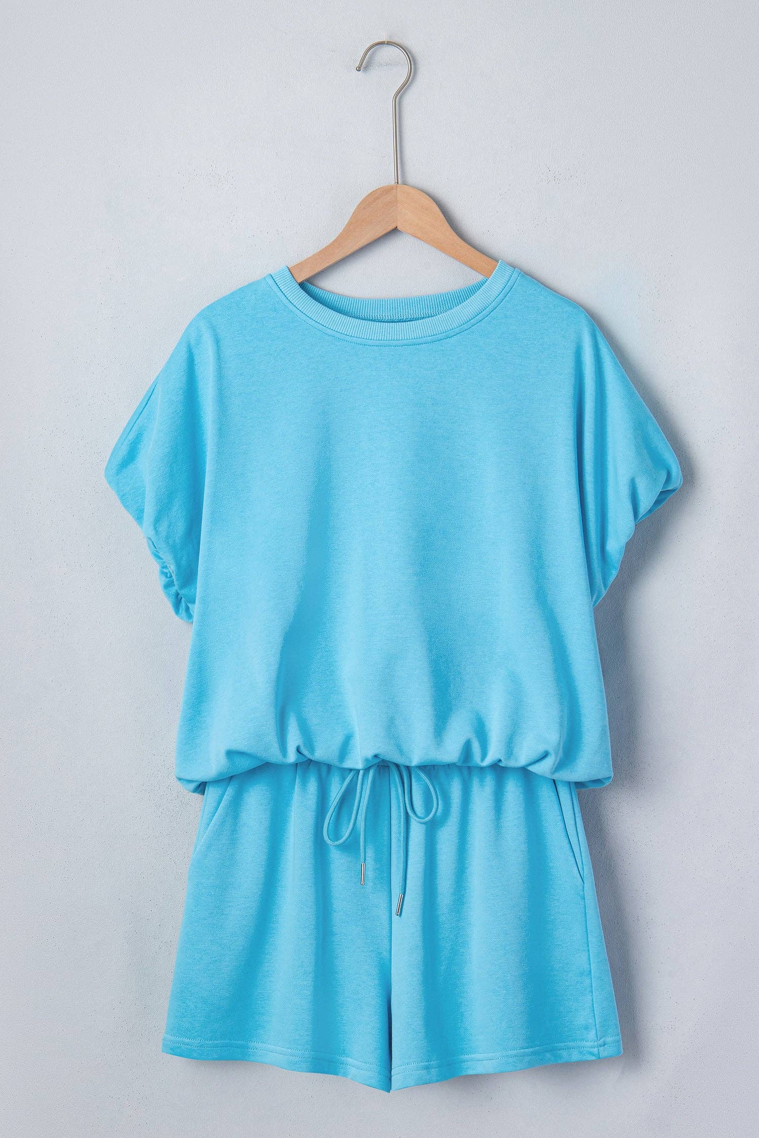 Light Blue Solid Color Puffy Loose Top Drawstring Shorts 2pcs Outfit