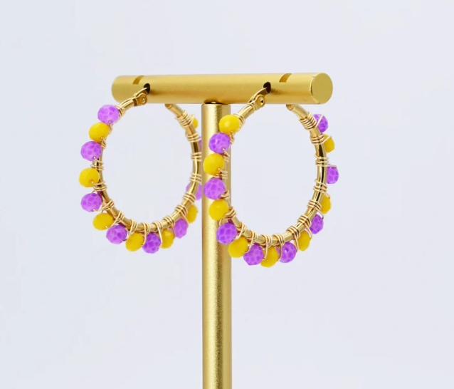 Yellow/Purple Beaded Hoops