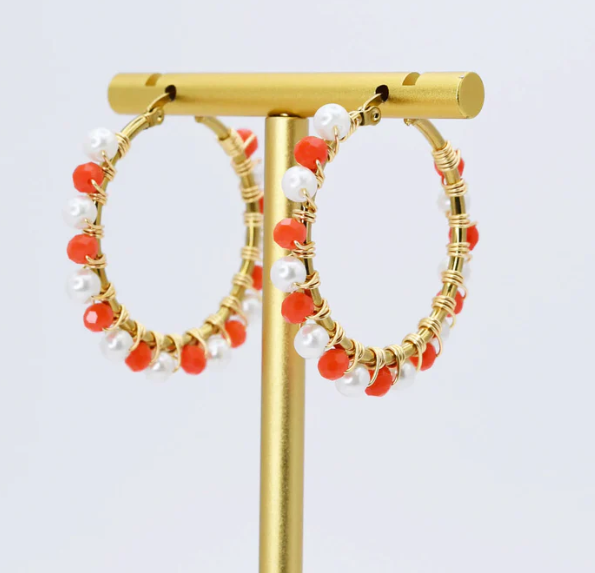 Orange/White Beaded Hoops